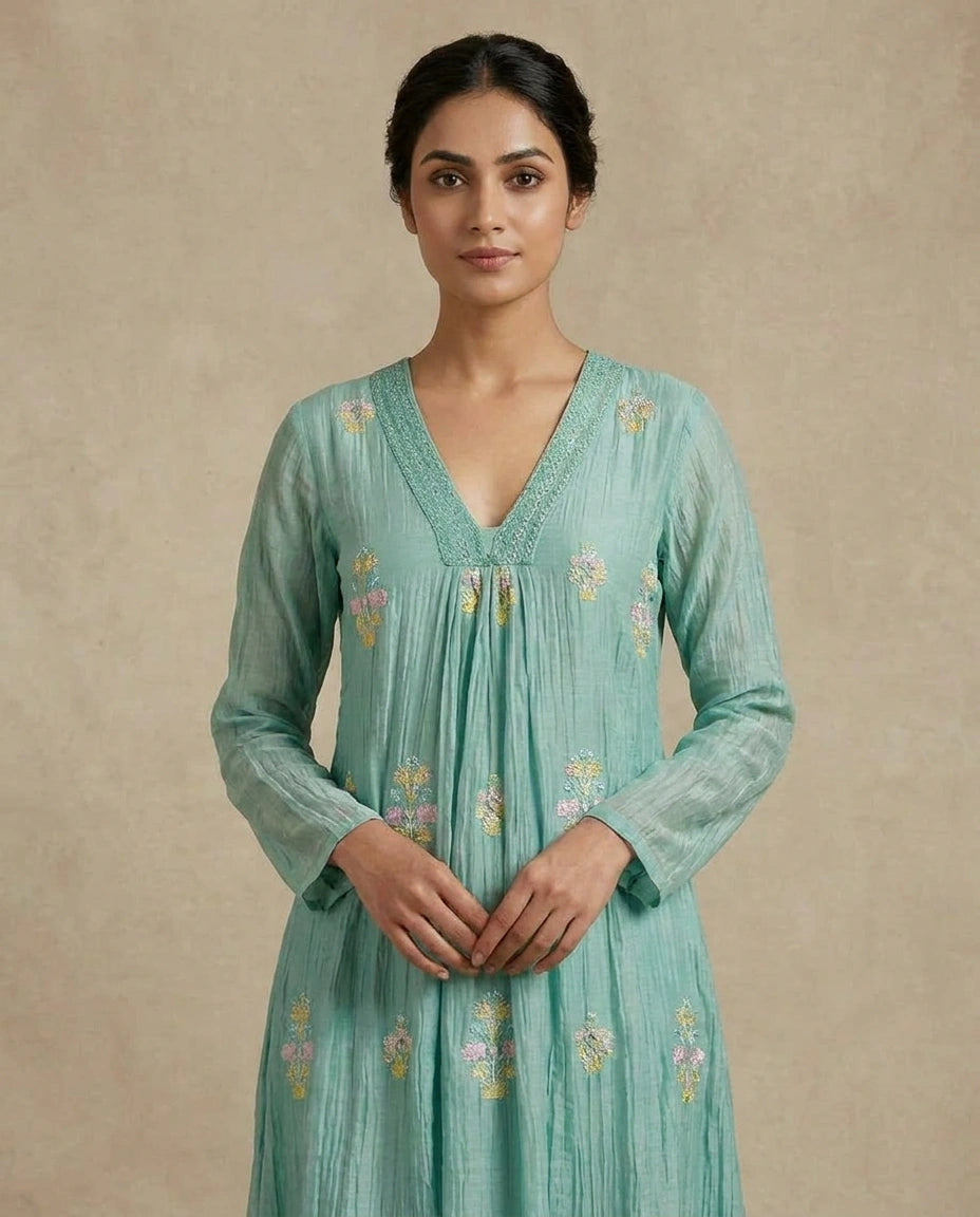 Sky Blue Cotton A-Line Suit Set for Festive Occasions