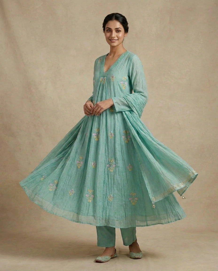 Sky Blue Cotton A-Line Suit Set for Festive Occasions
