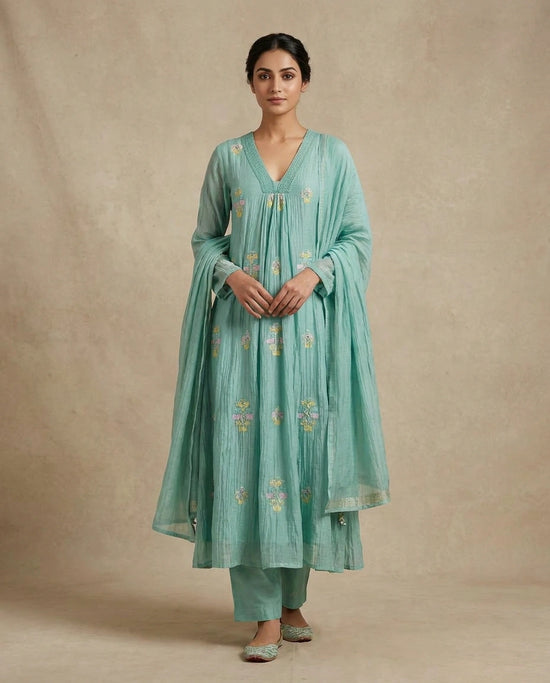 Sky Blue Cotton A-Line Suit Set for Festive Occasions