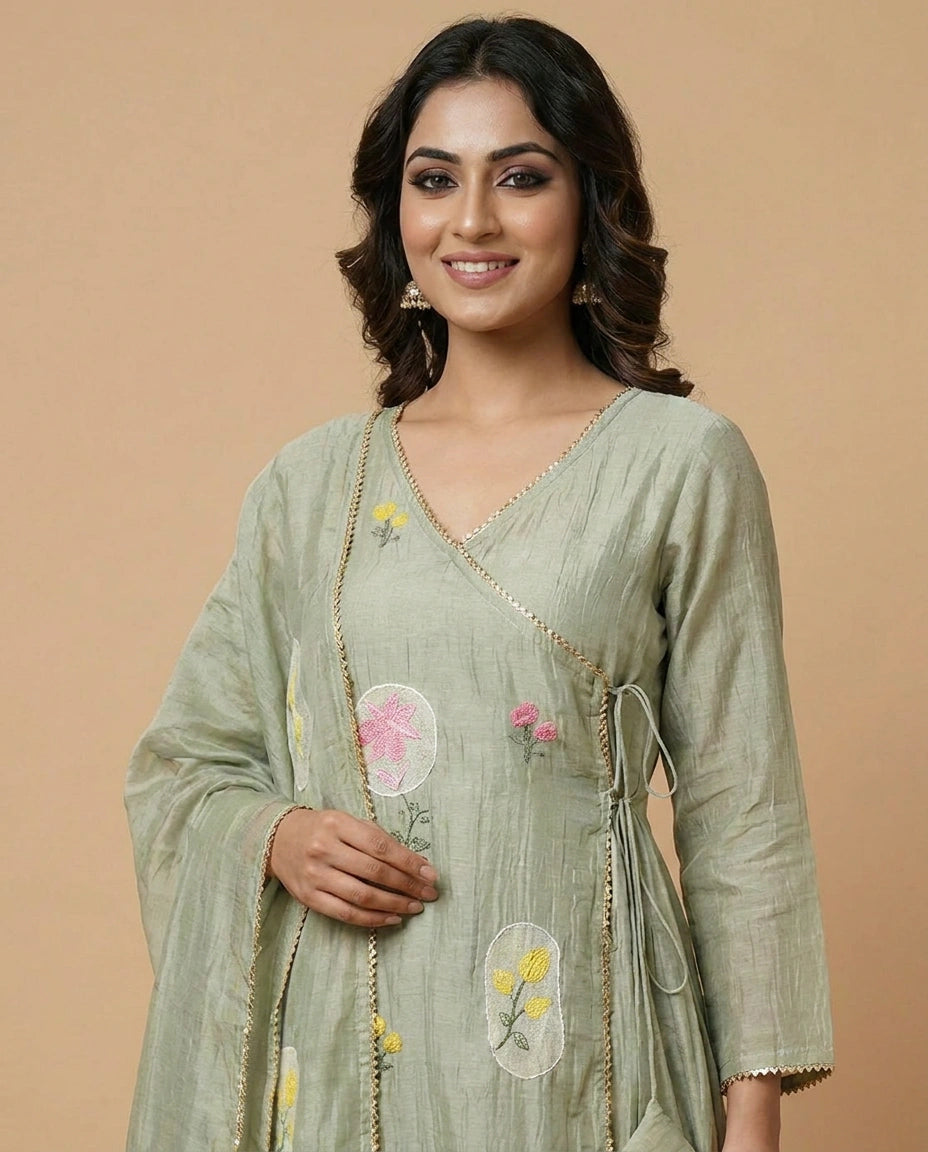 Sea Green Cotton Anarkali Suit with Gota Patti Work - Rangoli India