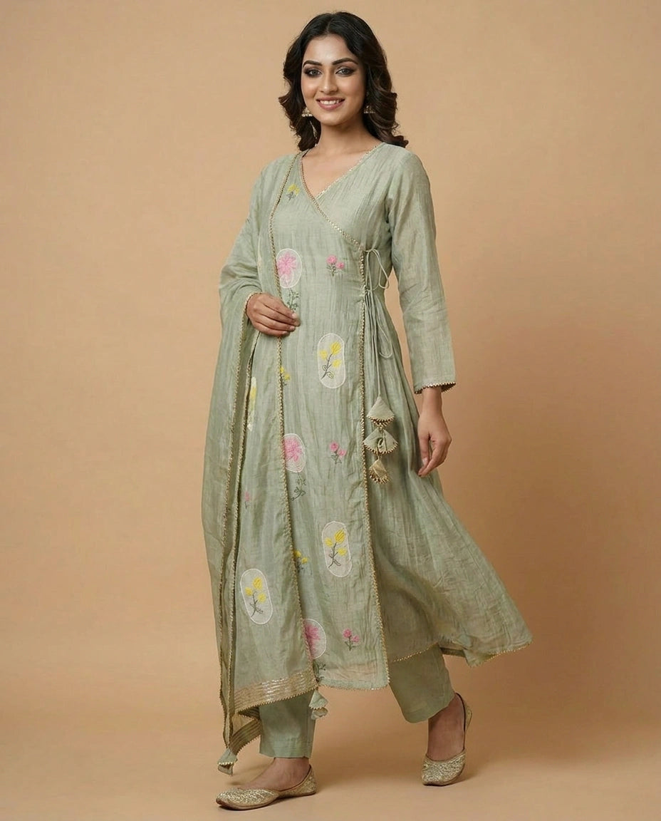 Sea Green Cotton Anarkali Suit with Gota Patti Work - Rangoli India