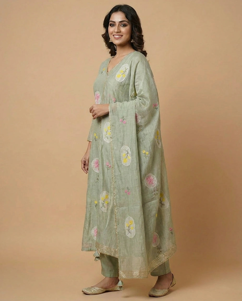 Sea Green Cotton Anarkali Suit with Gota Patti Work - Rangoli India