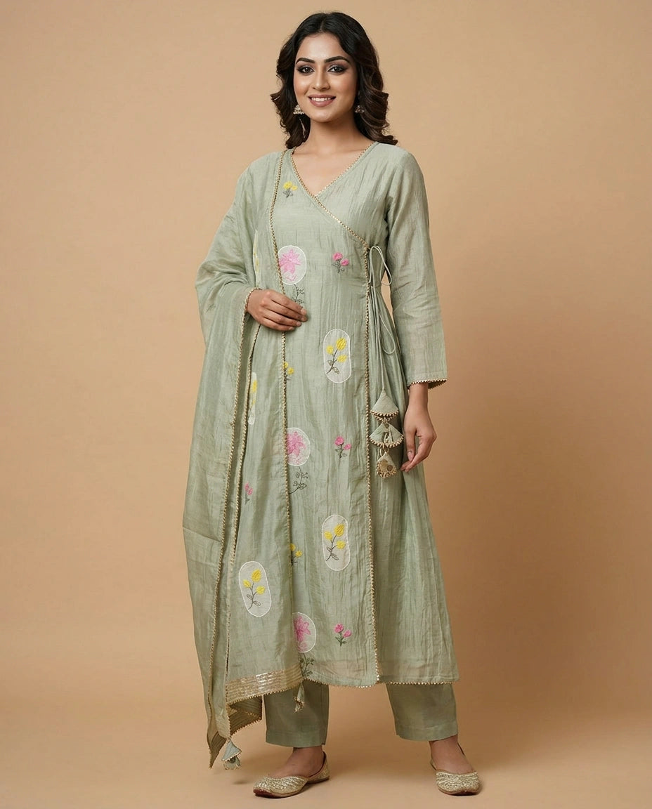 Sea Green Cotton Anarkali Suit with Gota Patti Work - Rangoli India