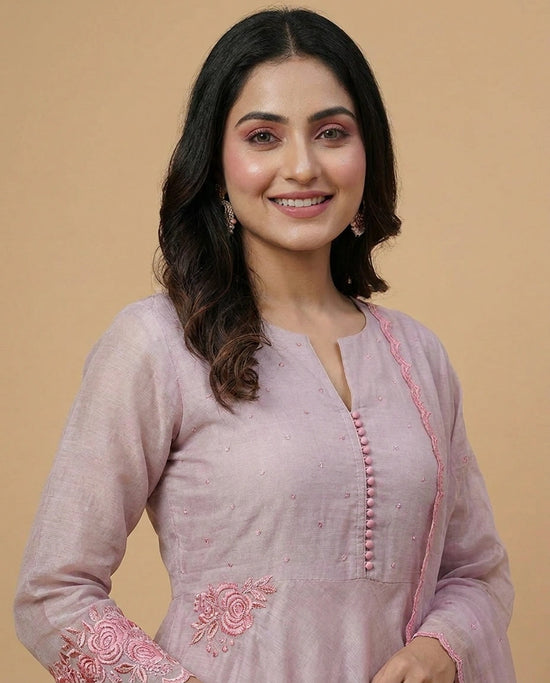 Pink Cotton Anarkali Suit with Floral Print - Rangoli India