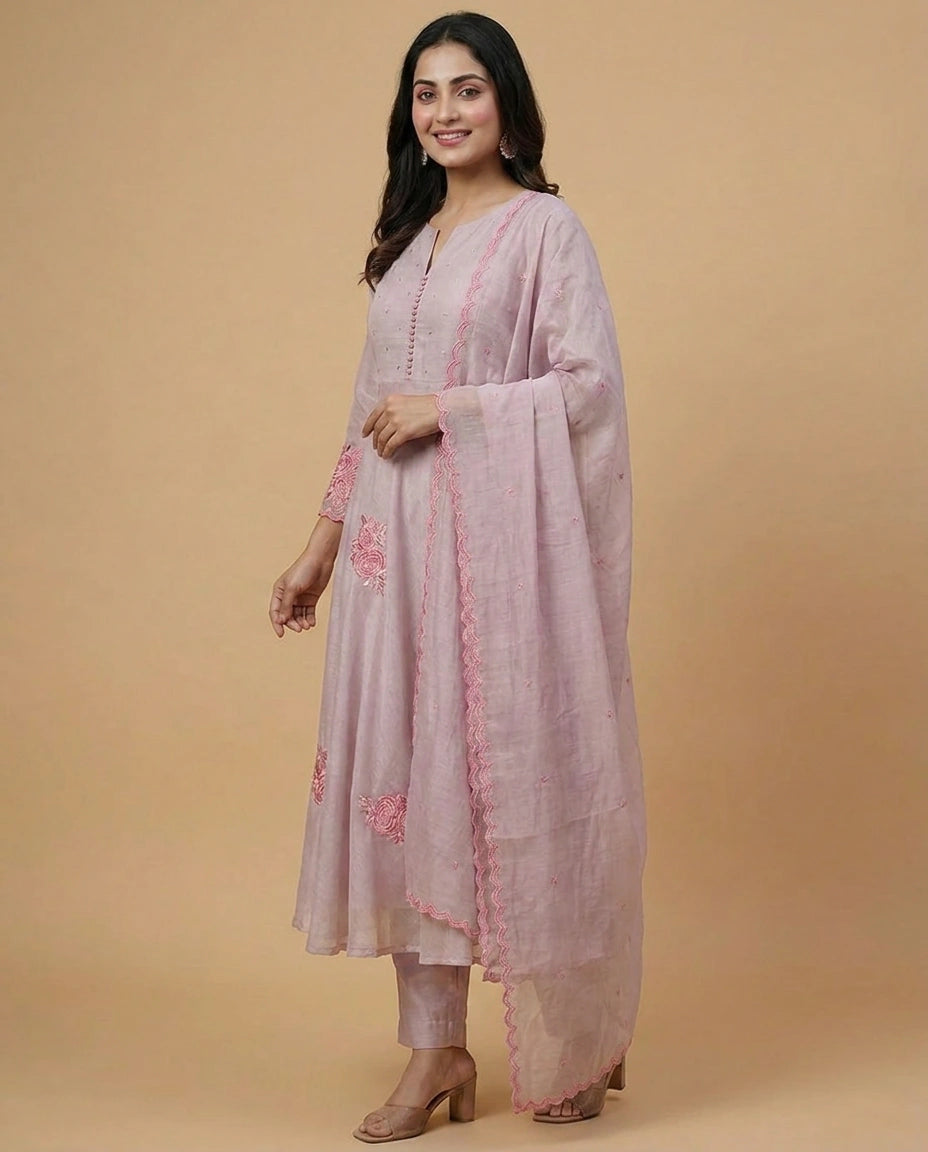 Pink Cotton Anarkali Suit with Floral Print - Rangoli India