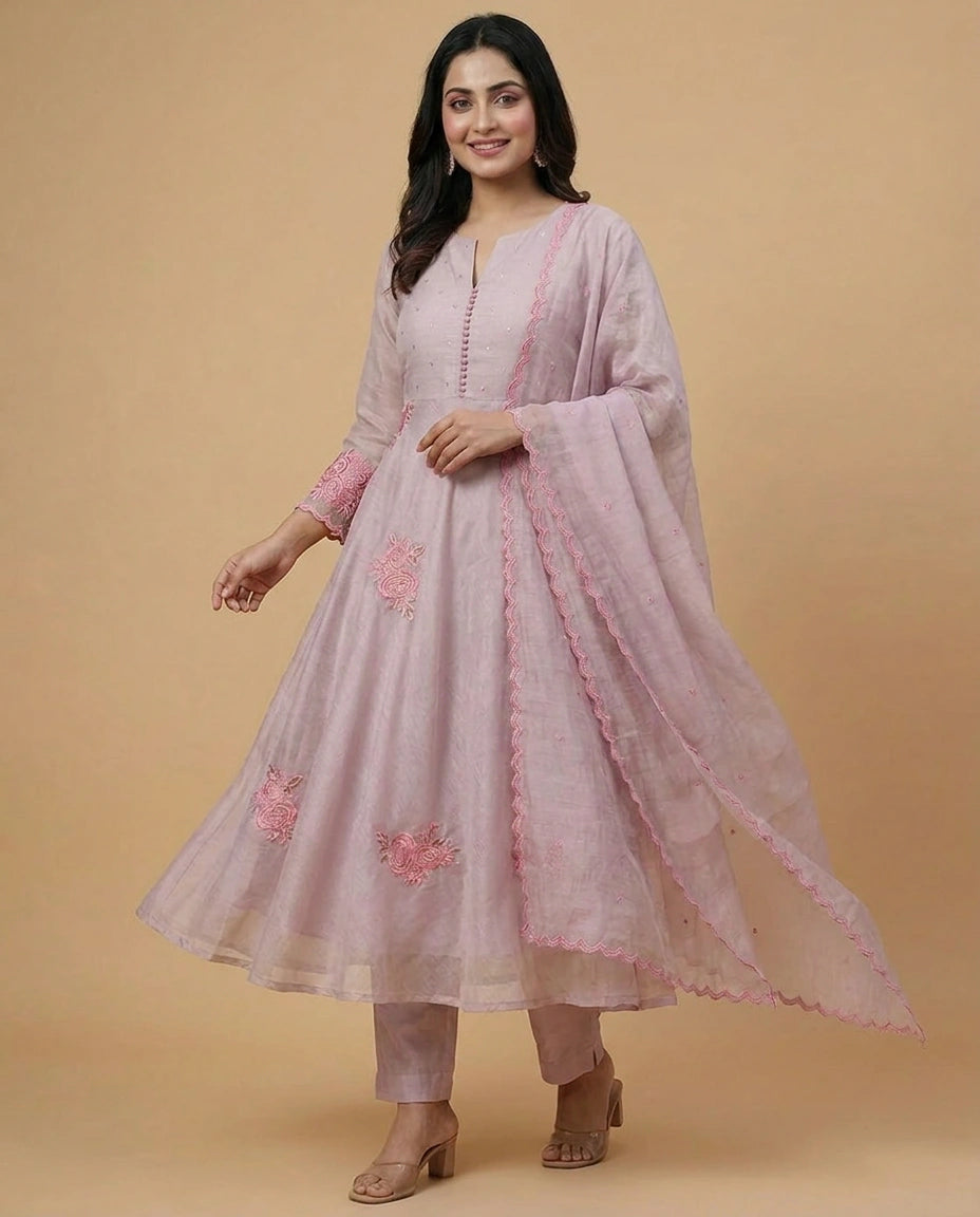 Pink Cotton Anarkali Suit with Floral Print - Rangoli India