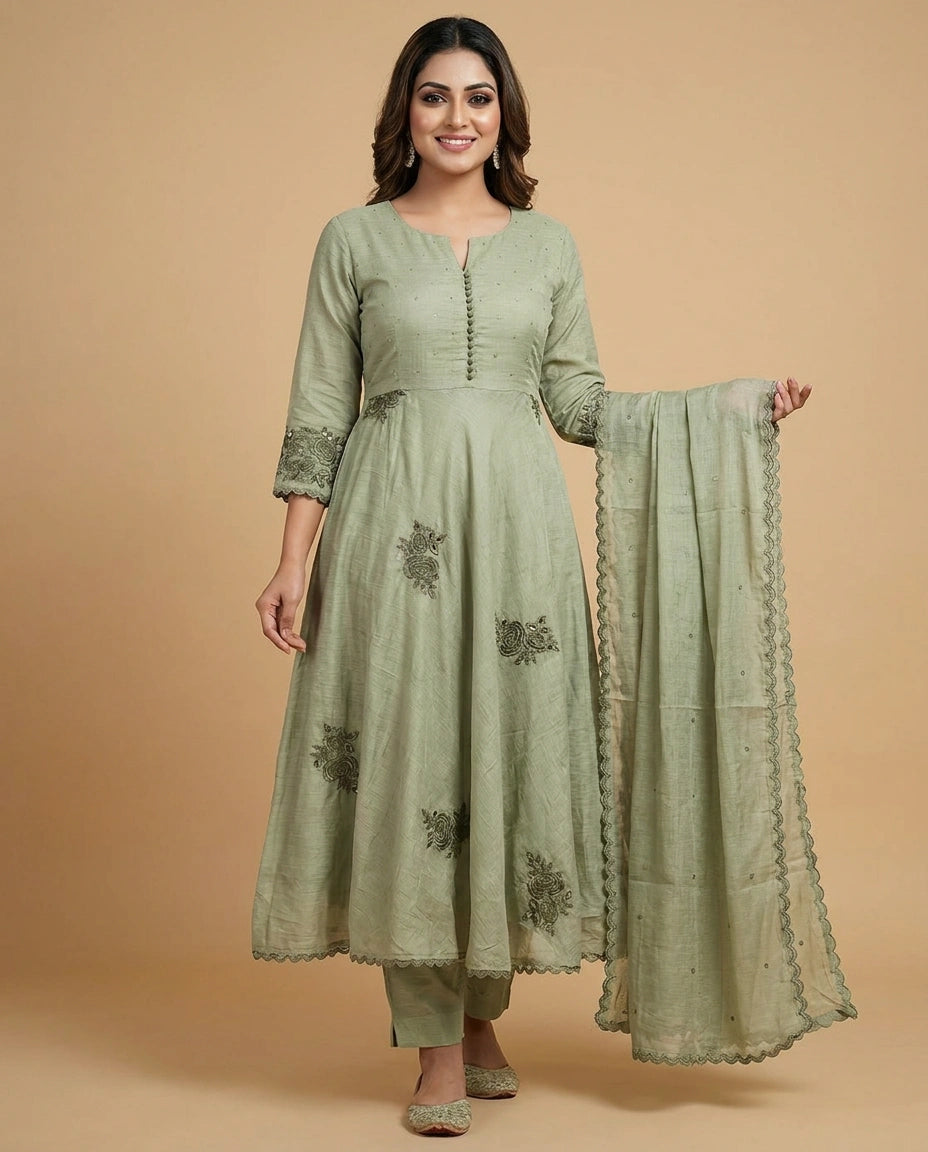 Pink Cotton Anarkali Suit with Floral Print - Rangoli India