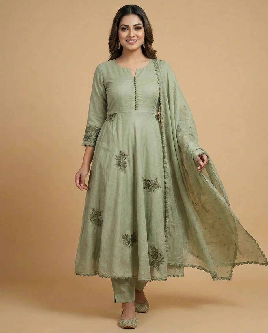 Pink Cotton Anarkali Suit with Floral Print - Rangoli India