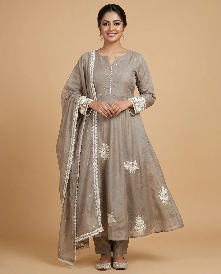 Pink Cotton Anarkali Suit with Floral Print - Rangoli India