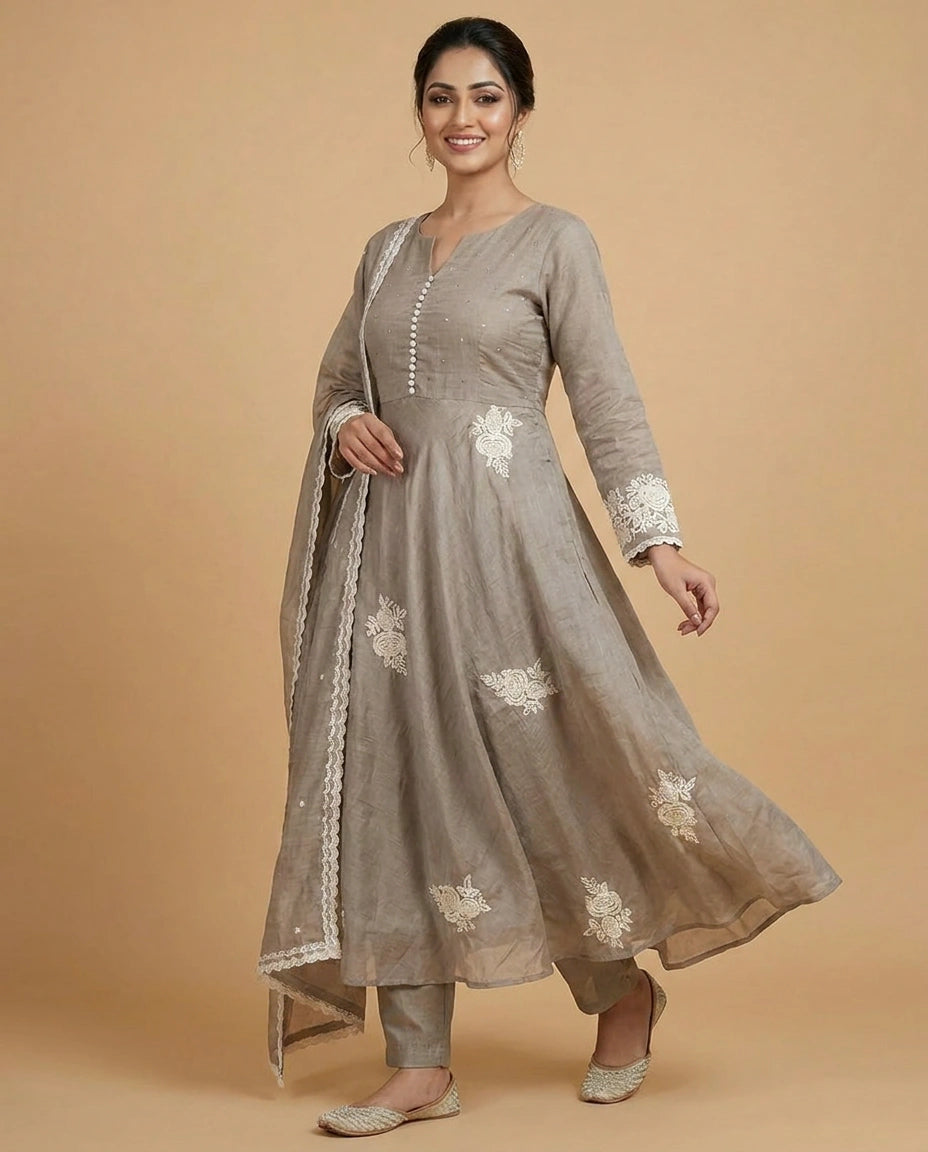 Pink Cotton Anarkali Suit with Floral Print - Rangoli India