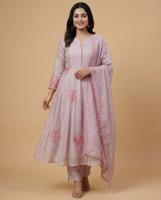 Pink Cotton Anarkali Suit with Floral Print - Rangoli India