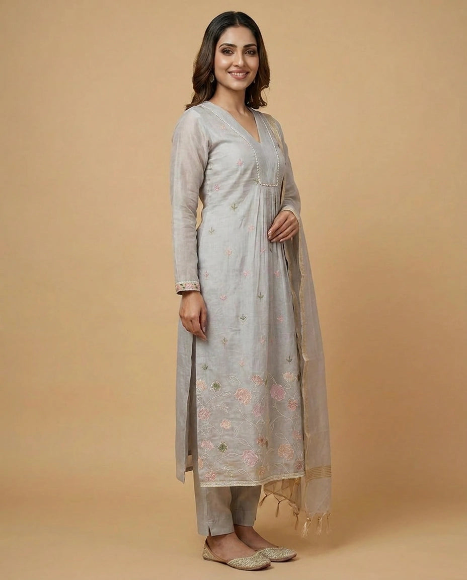 Grey Cotton A-Line Suit with Embroidered Yoke Detail - Rangoli India