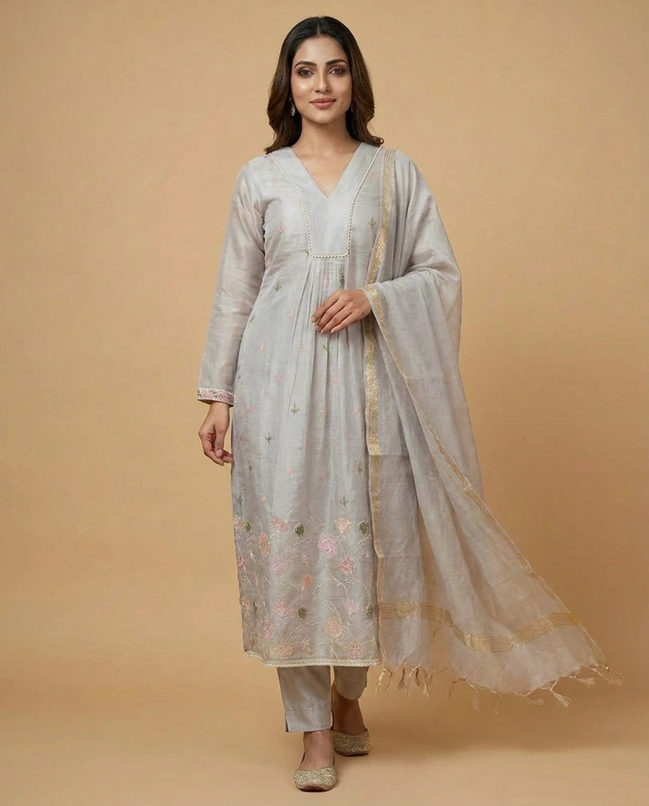 Grey Cotton A-Line Suit with Embroidered Yoke Detail - Rangoli India