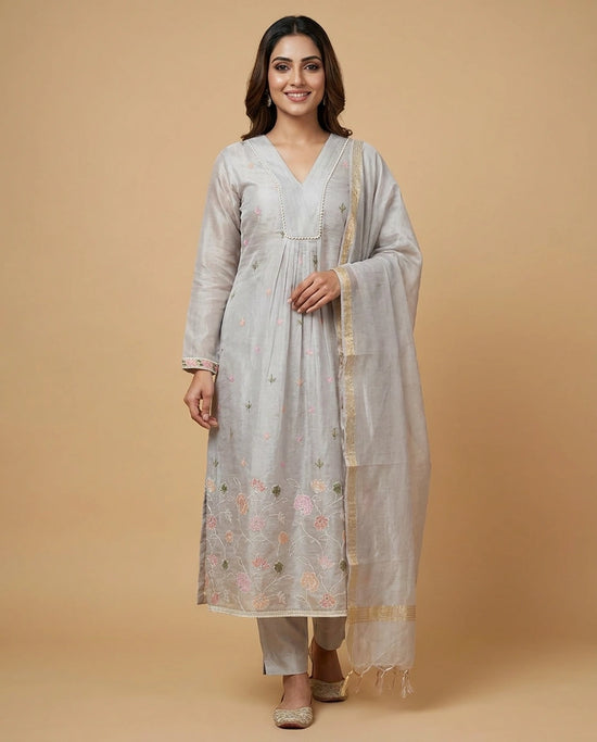 Grey Cotton A-Line Suit with Embroidered Yoke Detail - Rangoli India