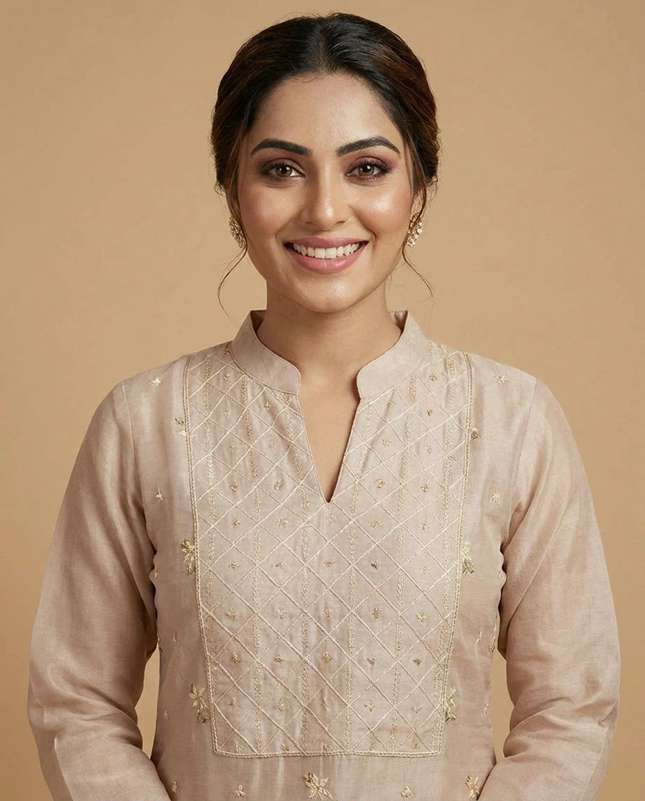 Pink Cotton A-Line Suit with Embroidered Floral Detail - Rangoli India