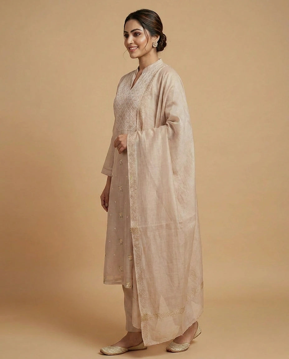 Pink Cotton A-Line Suit with Embroidered Floral Detail - Rangoli India