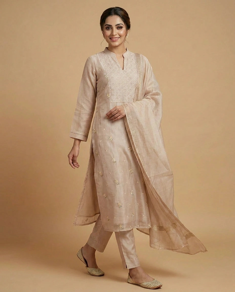Pink Cotton A-Line Suit with Embroidered Floral Detail - Rangoli India