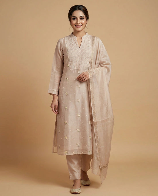 Pink Cotton A-Line Suit with Embroidered Floral Detail - Rangoli India