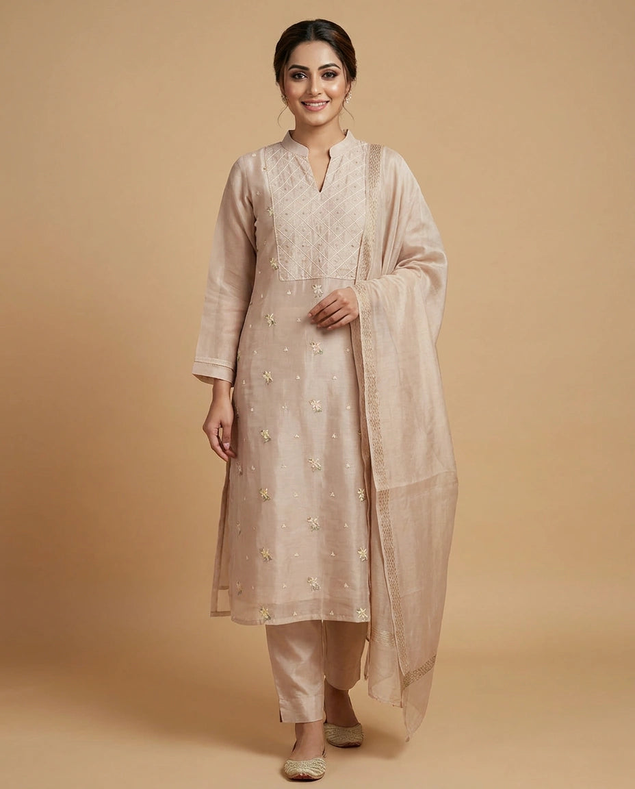 Pink Cotton A-Line Suit with Embroidered Floral Detail - Rangoli India