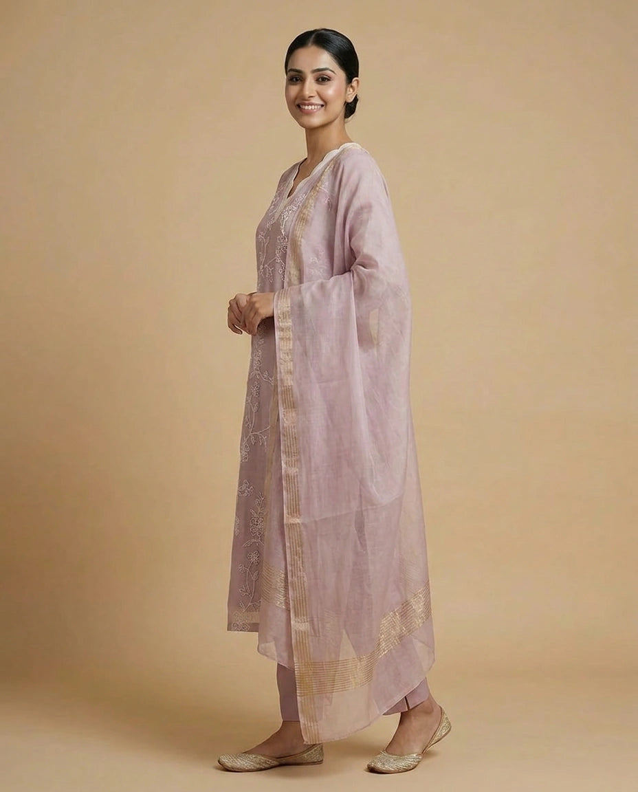 Mauve Pink Cotton A-Line Suit with Floral Print - Rangoli India