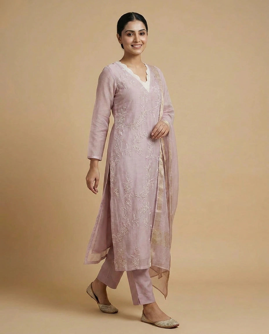Mauve Pink Cotton A-Line Suit with Floral Print - Rangoli India