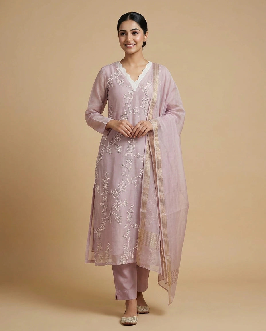 Mauve Pink Cotton A-Line Suit with Floral Print - Rangoli India