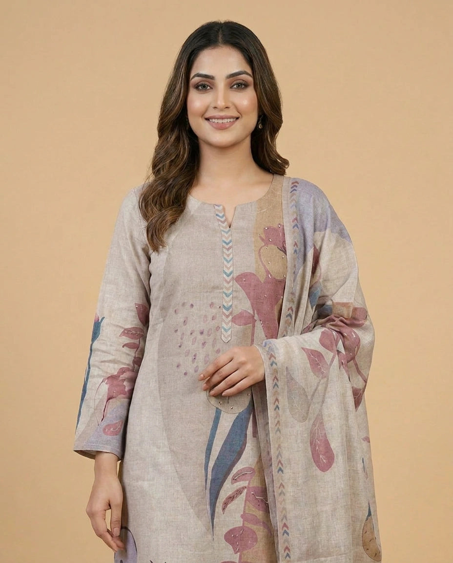 Mauve Cotton Linen Straight Suit with Printed Detail - Rangoli India
