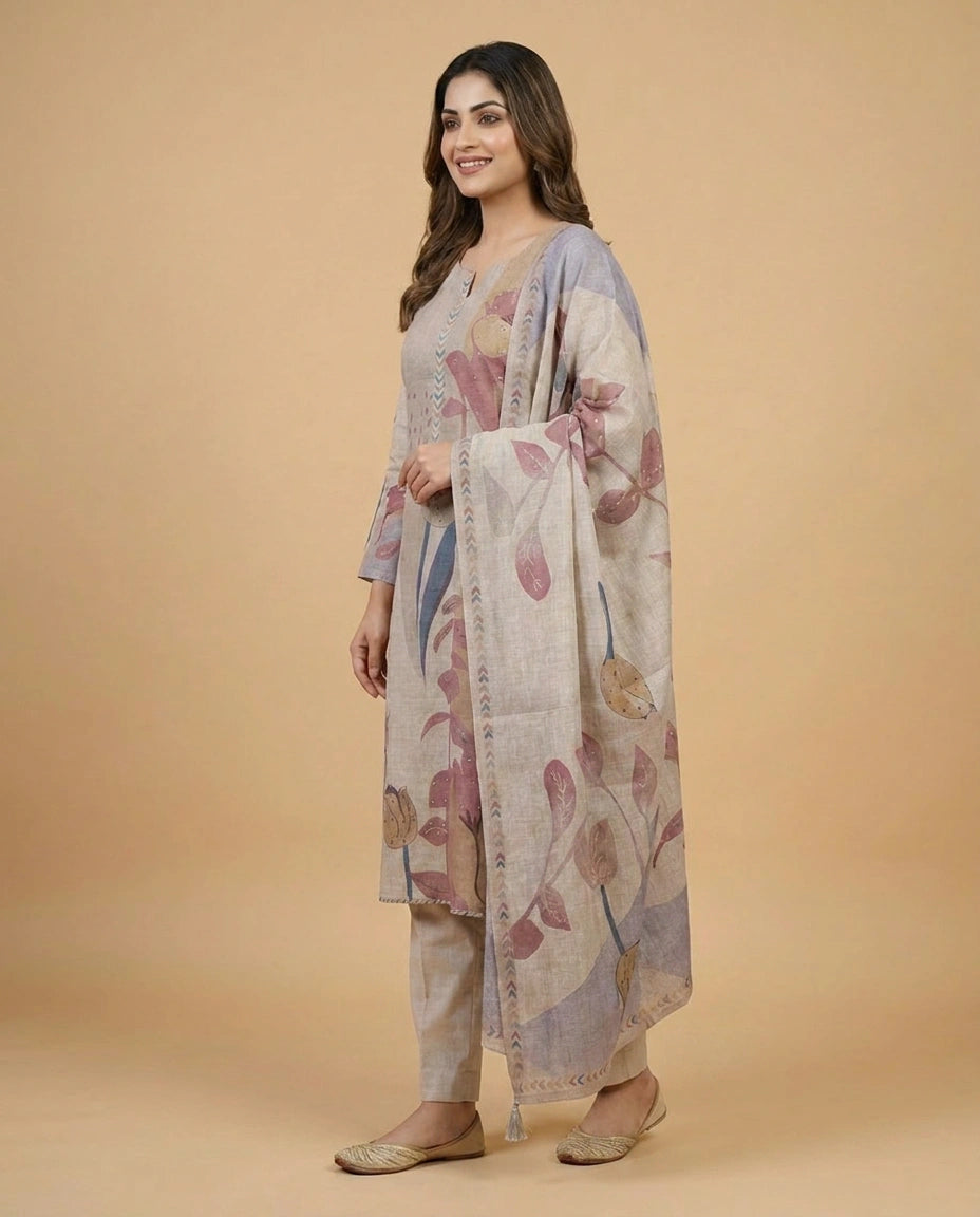 Mauve Cotton Linen Straight Suit with Printed Detail - Rangoli India