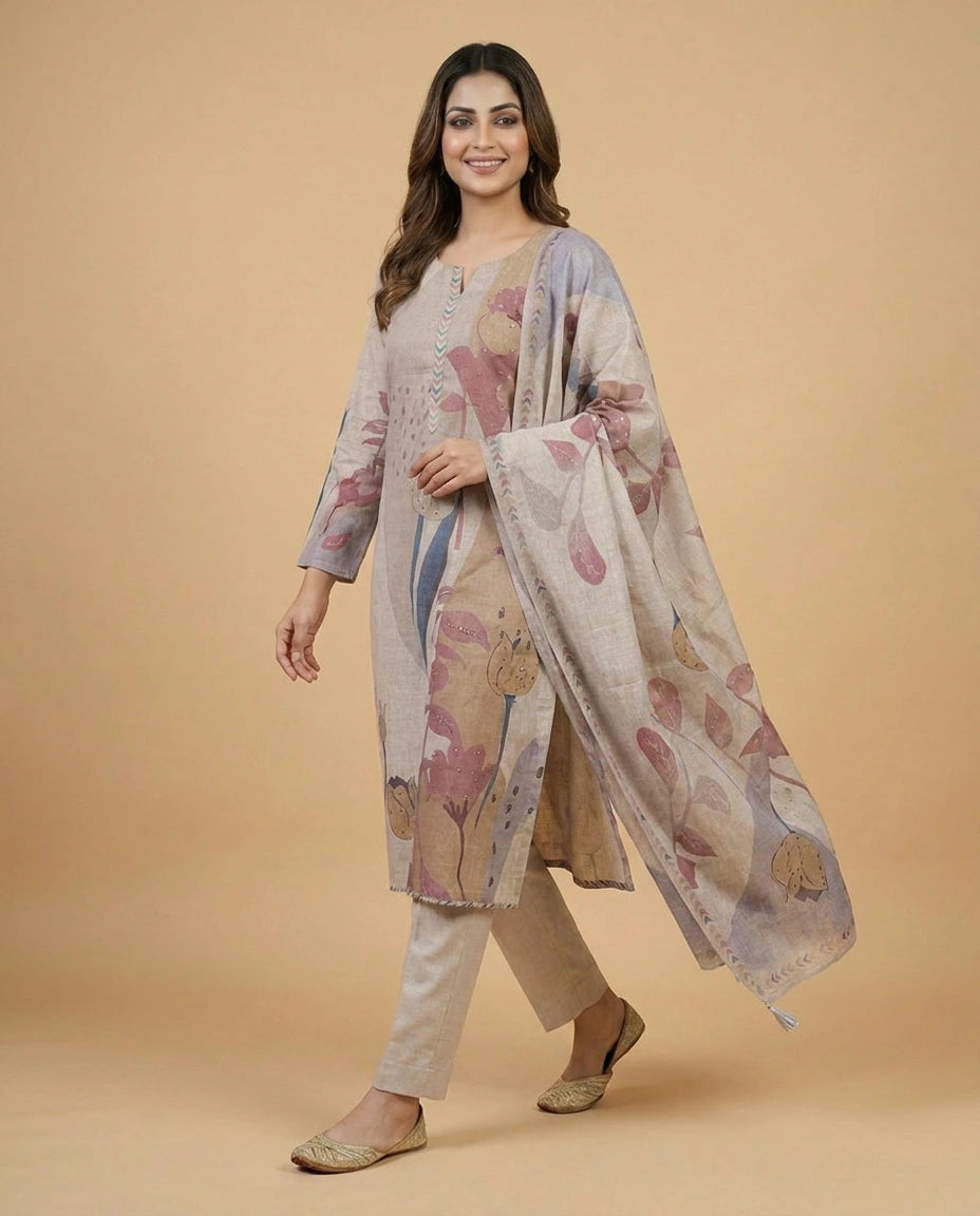Mauve Cotton Linen Straight Suit with Printed Detail - Rangoli India