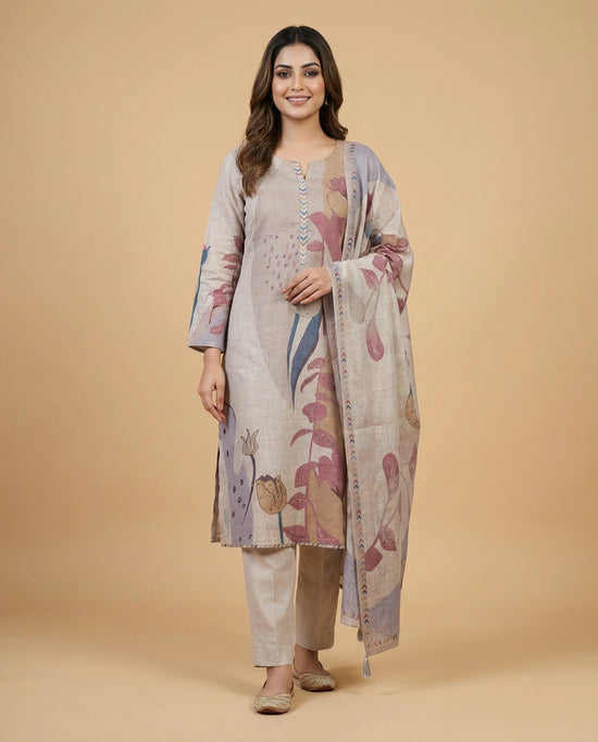 Mauve Cotton Linen Straight Suit with Printed Detail - Rangoli India
