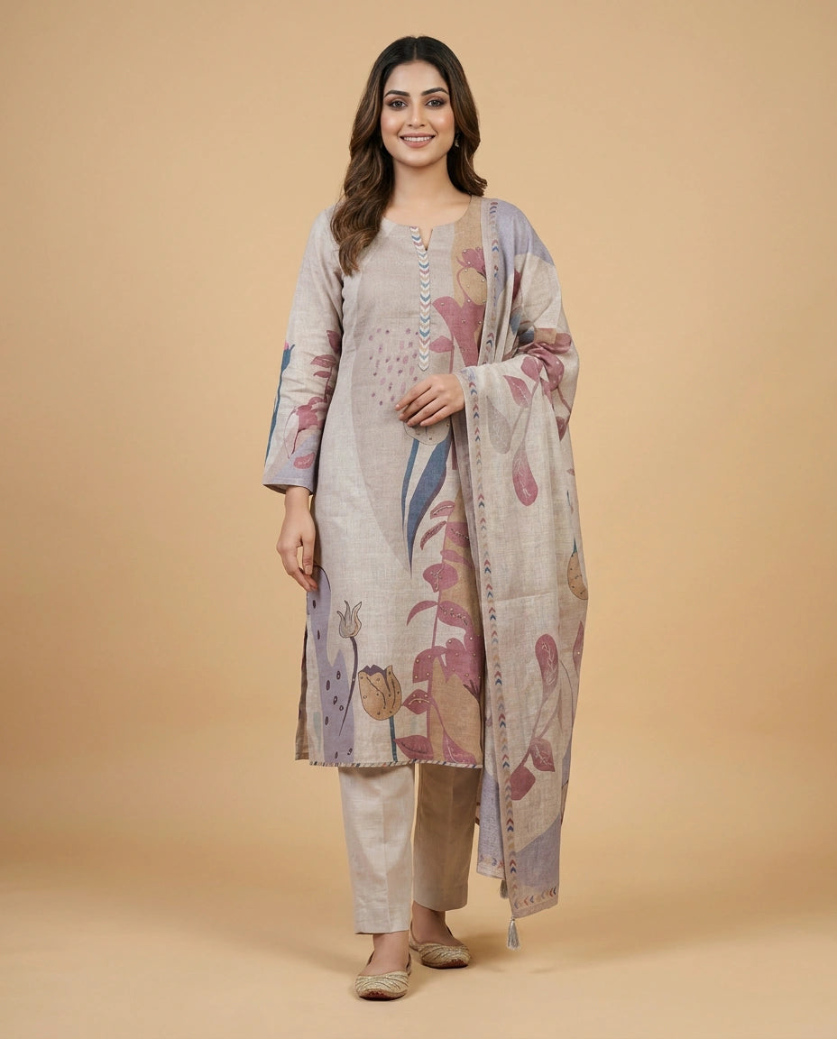 Mauve Cotton Linen Straight Suit with Printed Detail - Rangoli India
