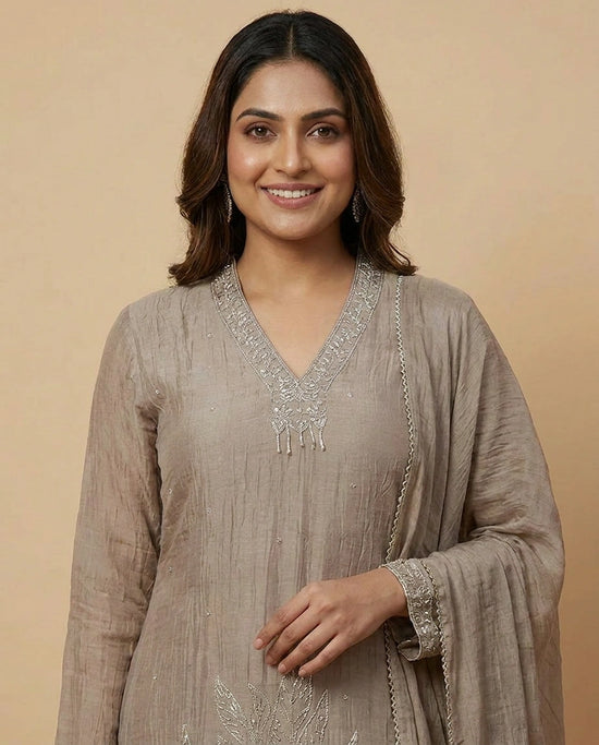 Beige Cotton Straight Suit with Embroidered Neckline - Rangoli India