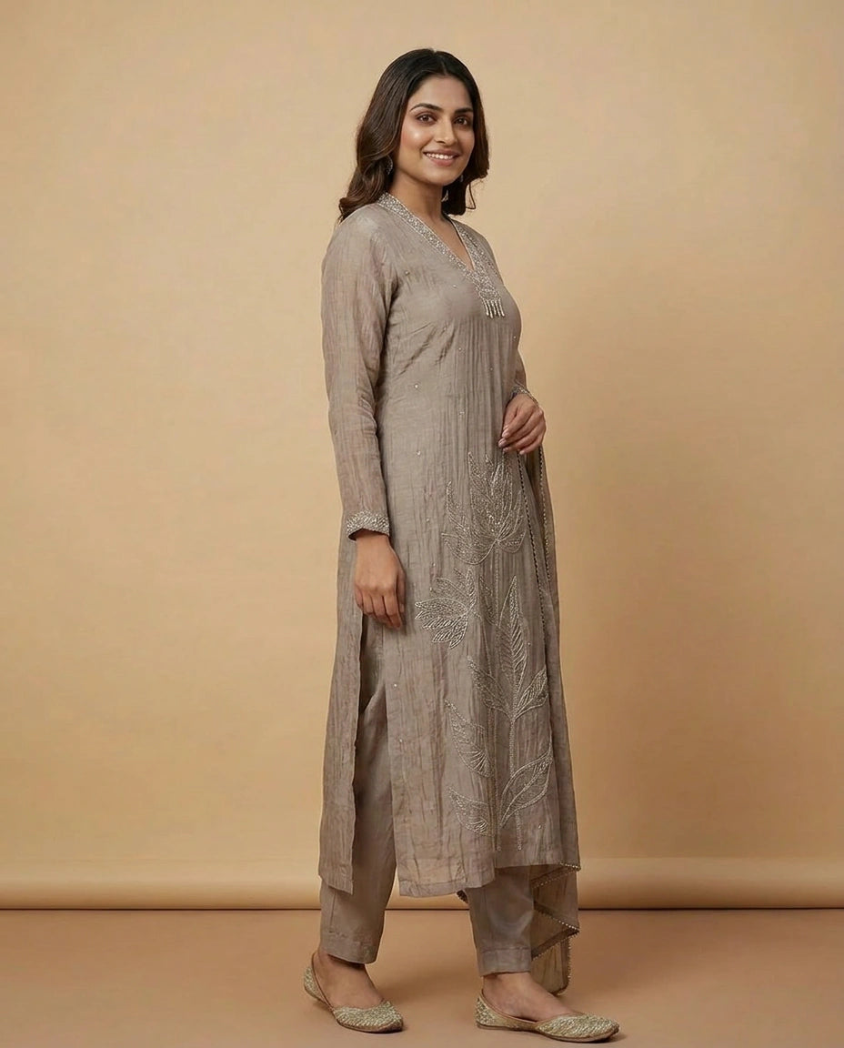 Beige Cotton Straight Suit with Embroidered Neckline - Rangoli India