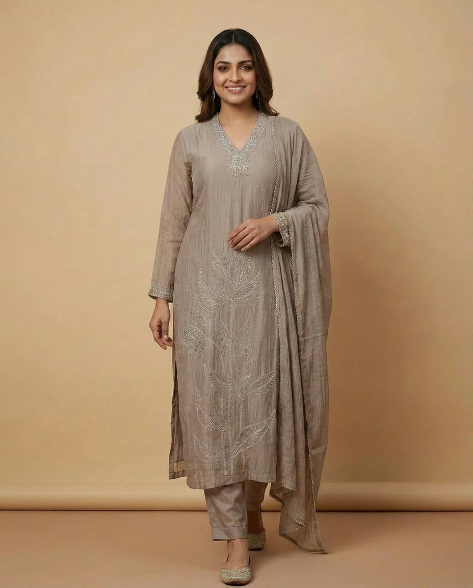 Beige Cotton Straight Suit with Embroidered Neckline - Rangoli India