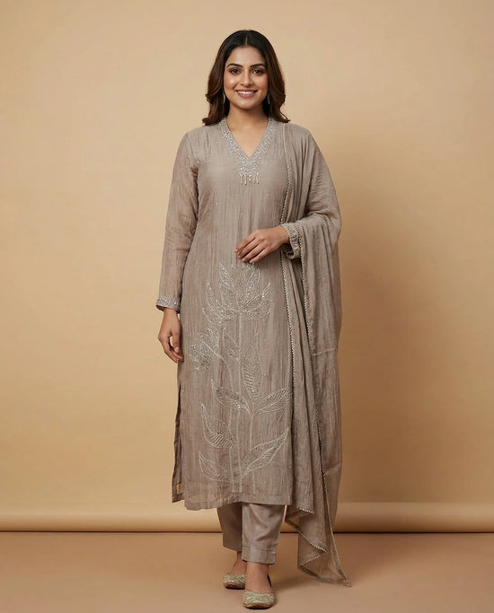 Beige Cotton Straight Suit with Embroidered Neckline - Rangoli India