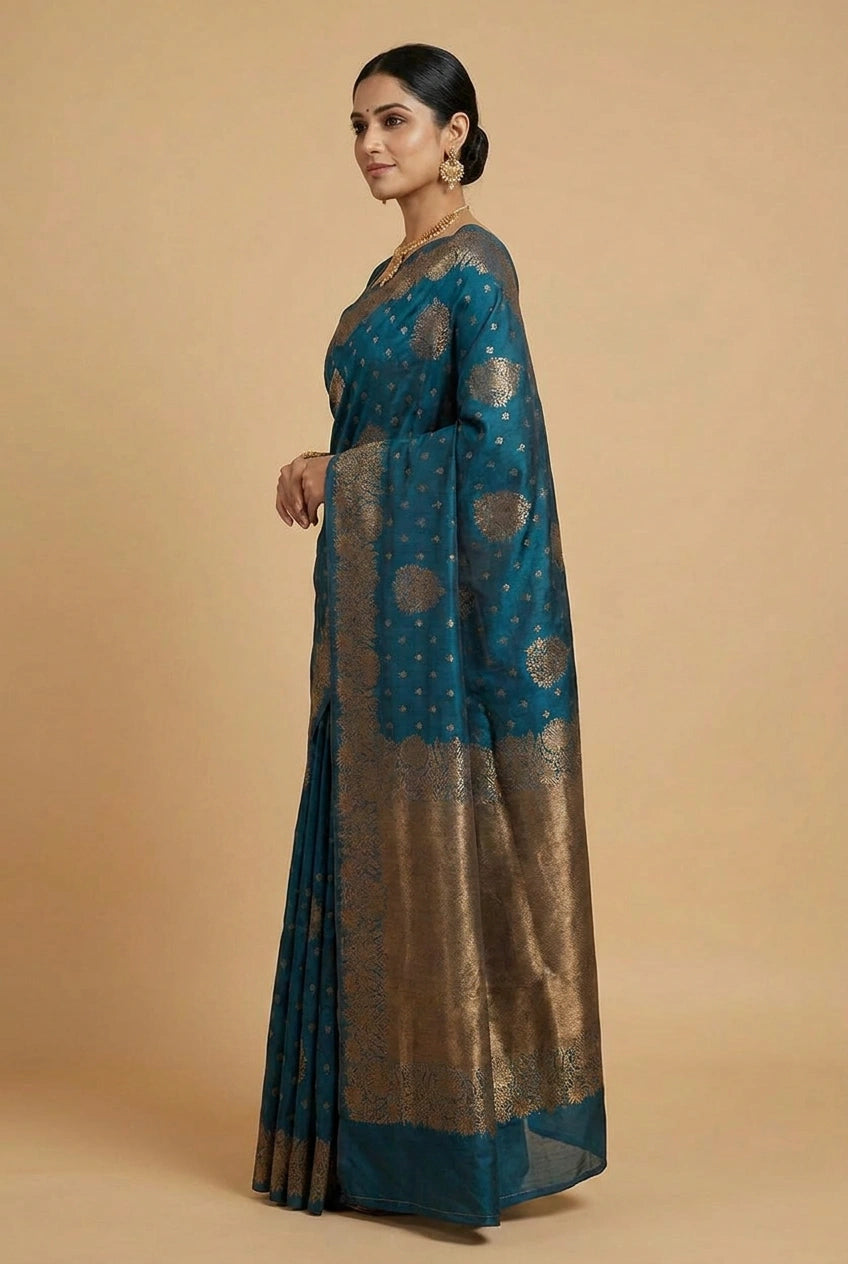 Woman wearing a teal and gold saree against a beige background