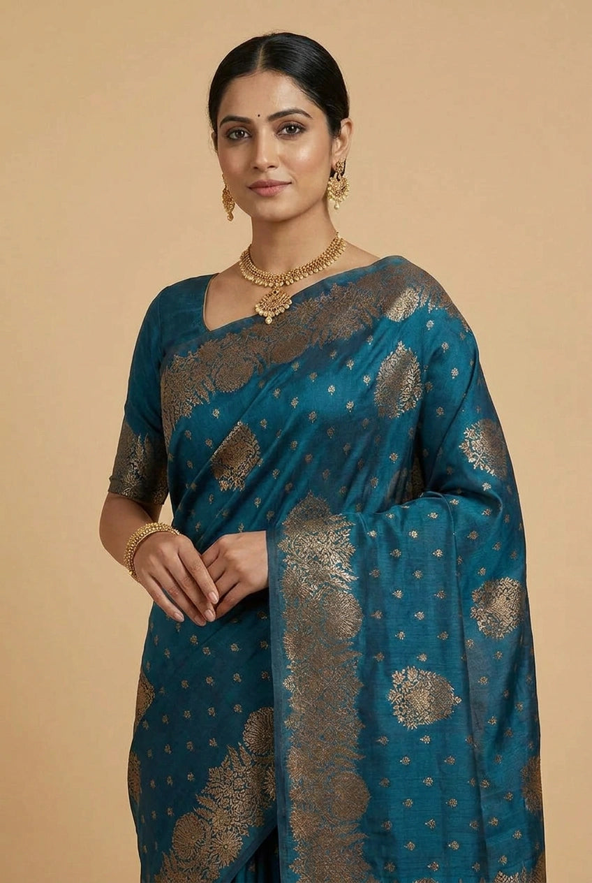 Woman wearing a blue saree with gold patterns on a beige background