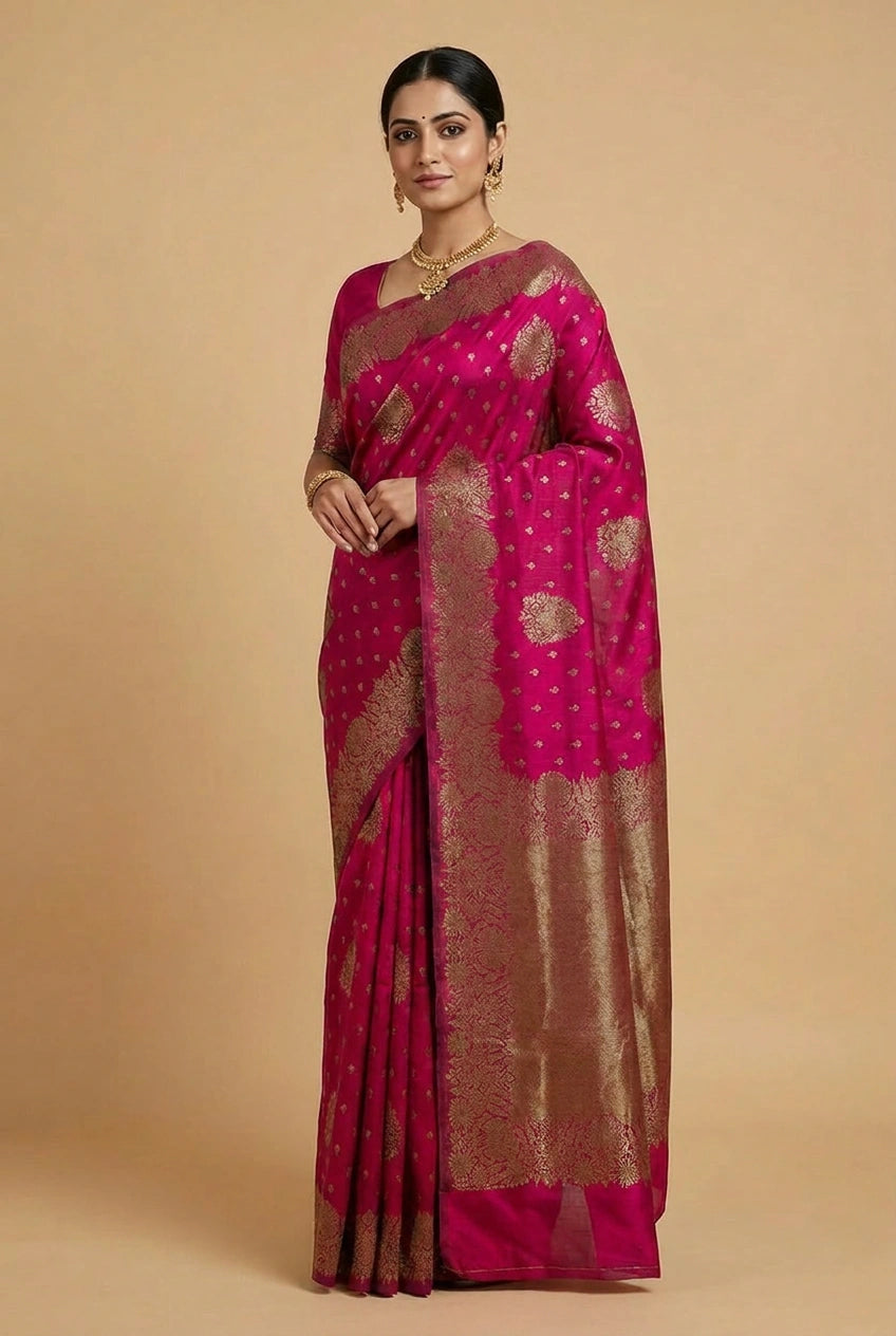 Woman wearing a pink saree with gold patterns on a beige background