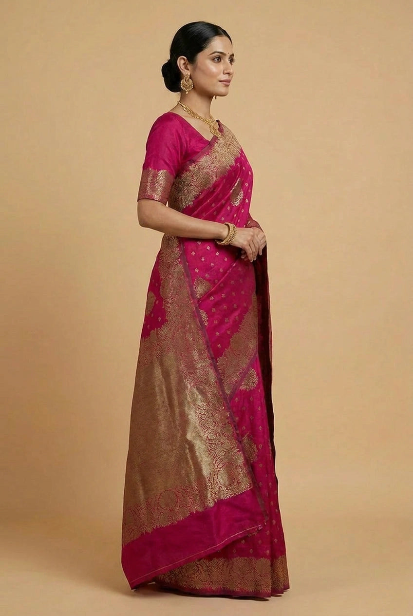 Woman wearing a pink and gold saree against a beige background