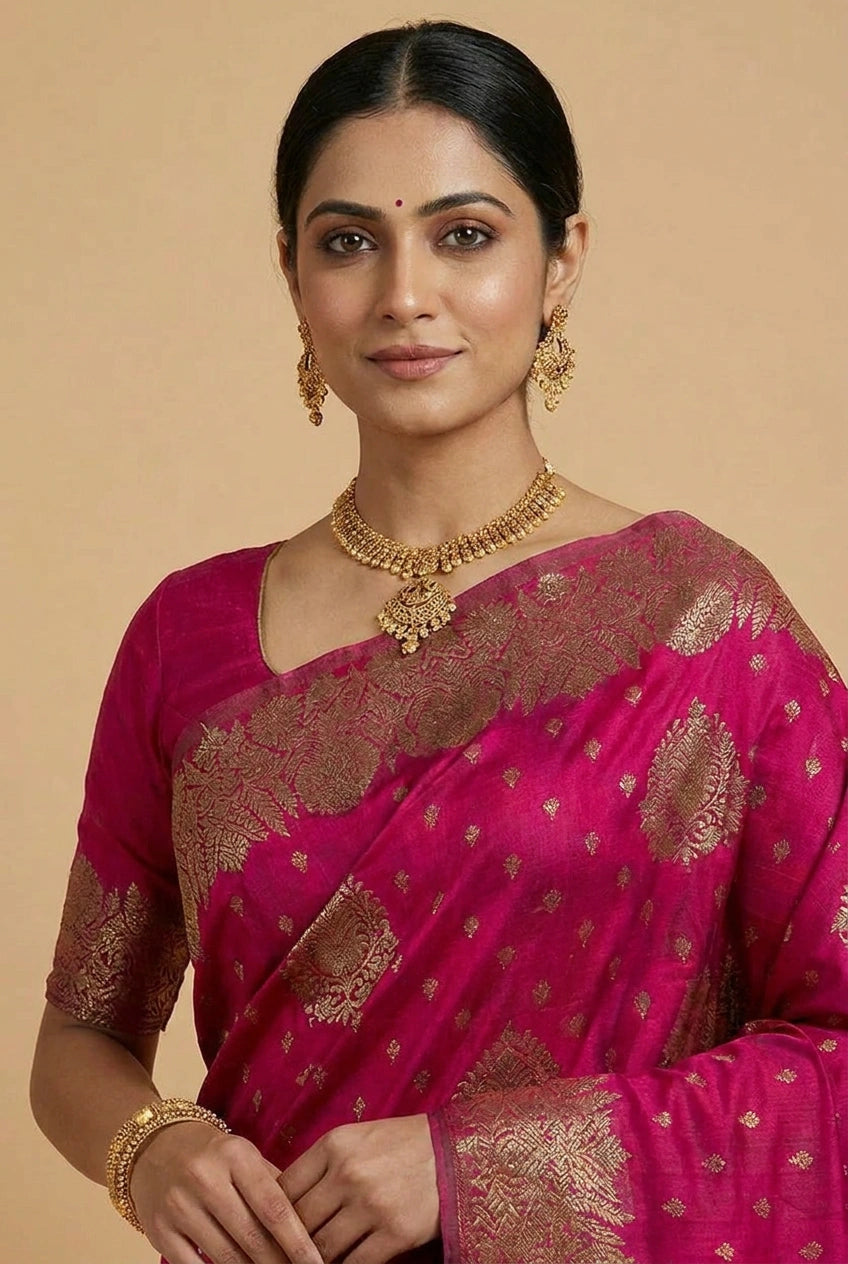 Woman wearing a pink saree with gold patterns on a beige background