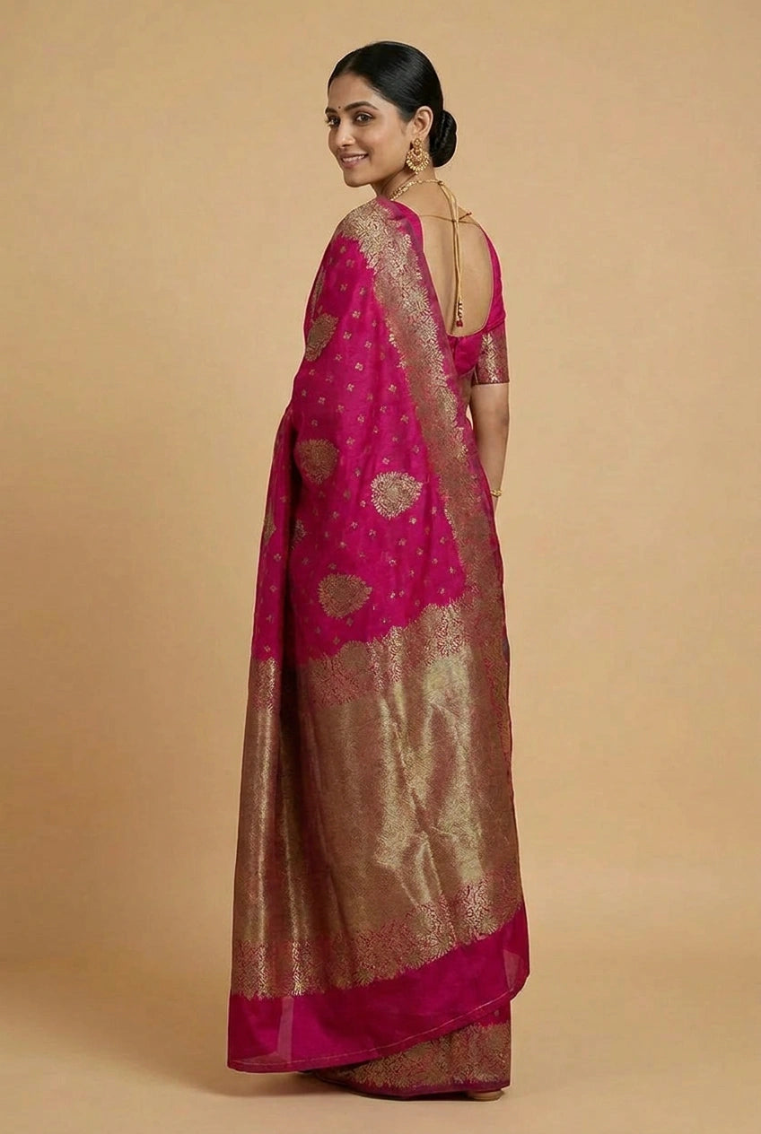Woman wearing a pink and gold saree against a beige background