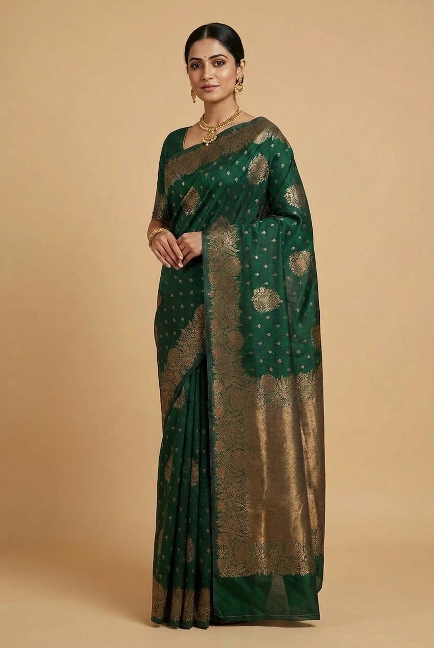 Woman wearing a green saree with gold patterns on a beige background