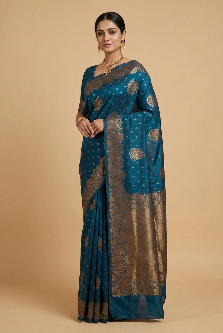 Woman wearing a blue saree with gold patterns on a beige background