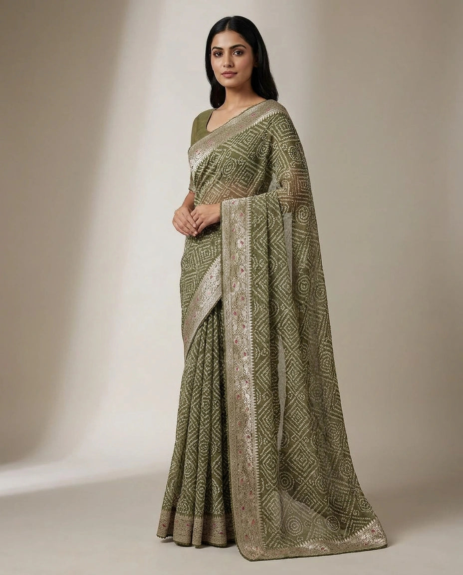 Mehandi Organza Saree with Dimensional Thread and Zari Embroidery