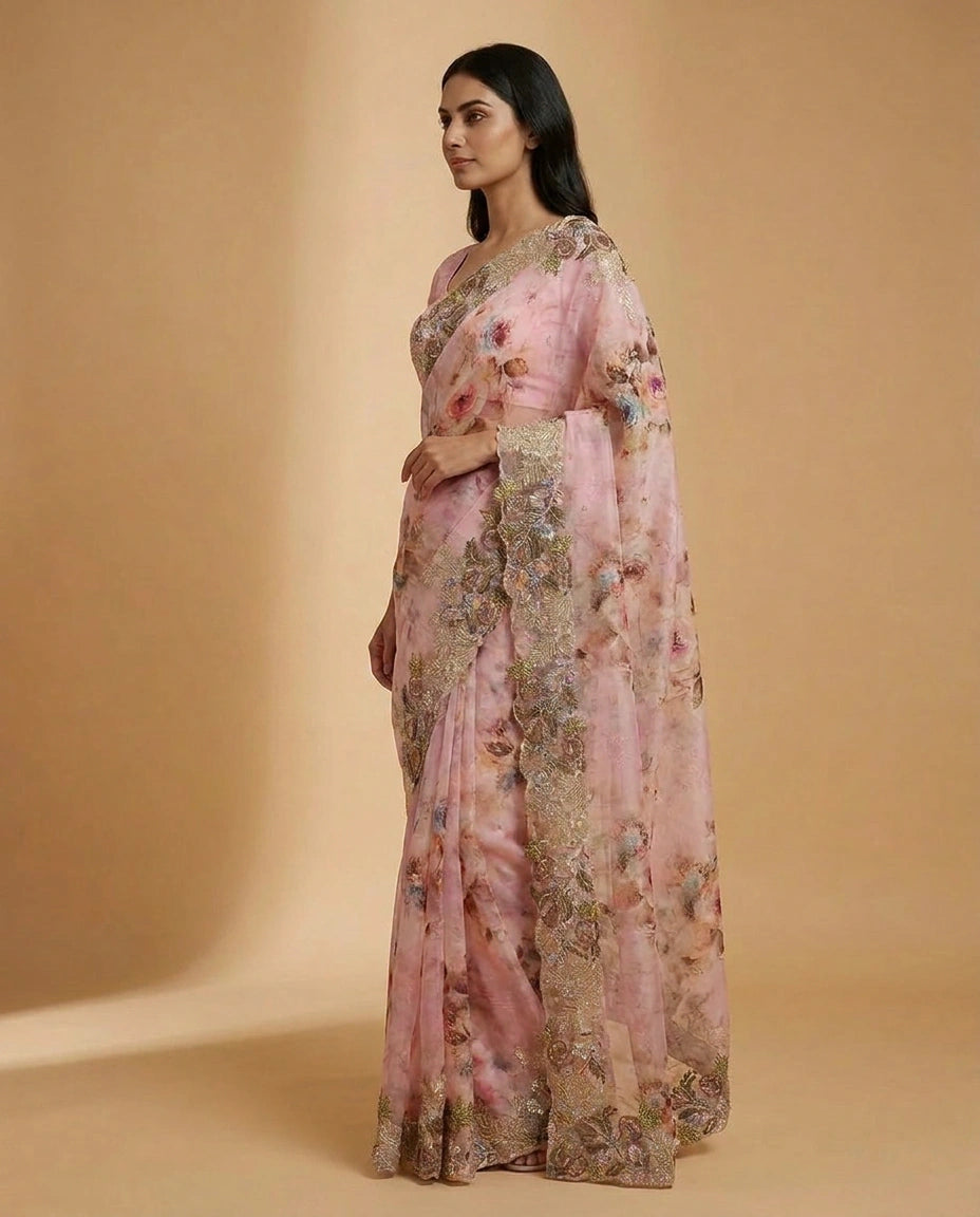 Georgette Saree with Hand-Applied Sequin Embroidery Work view 3