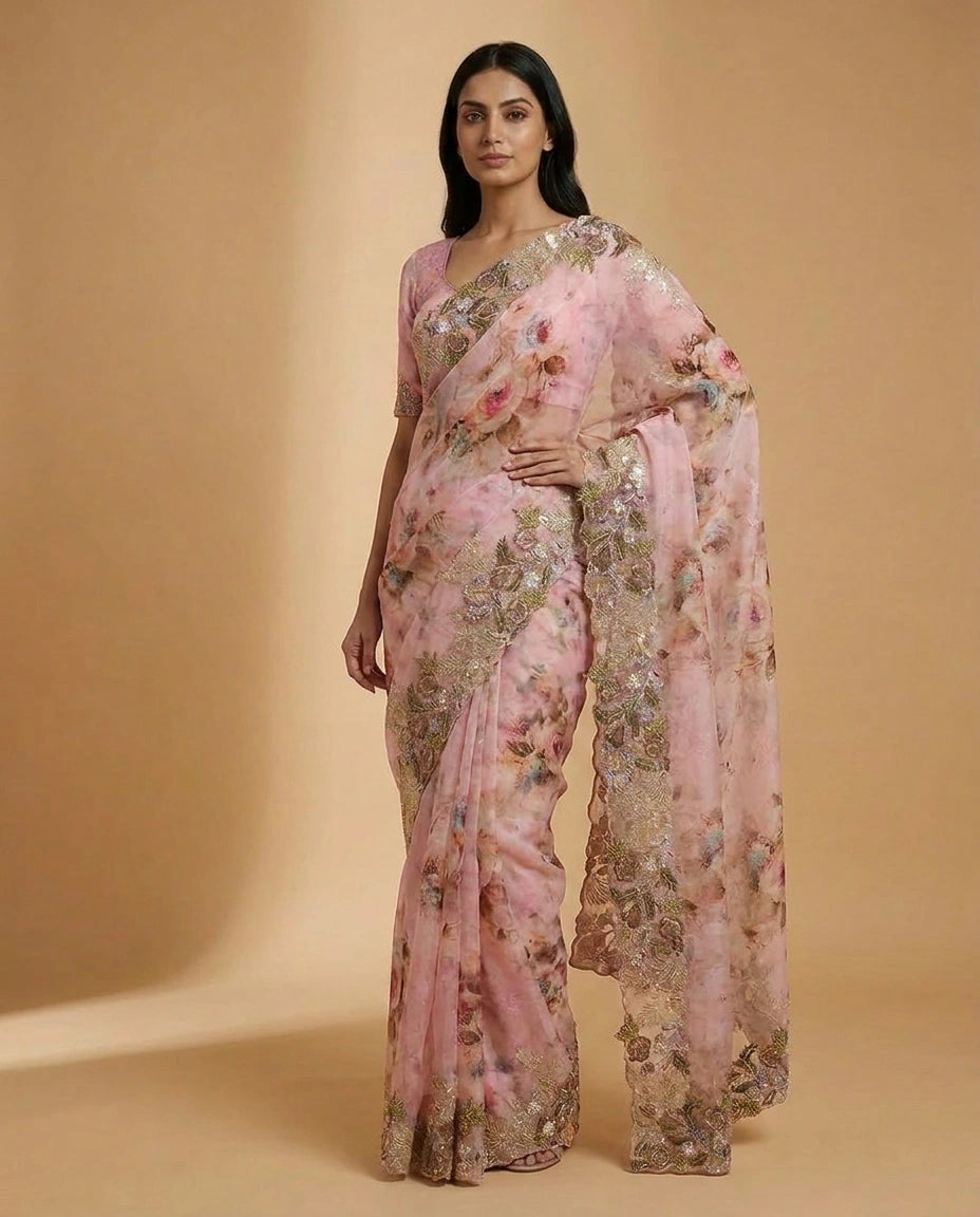 Georgette Saree with Hand-Applied Sequin Embroidery Work view 4