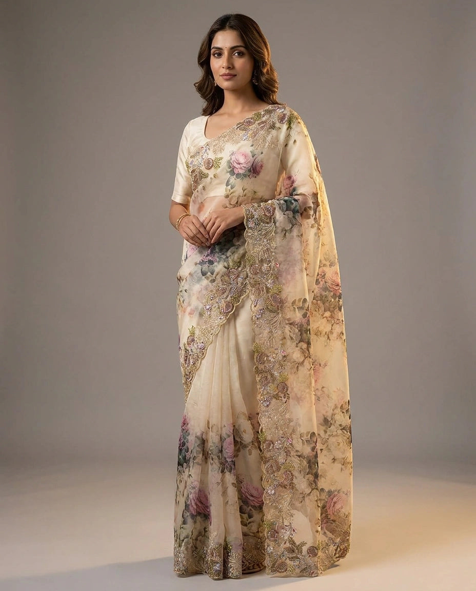 Georgette Saree with Hand-Applied Sequin Embroidery Work view 5