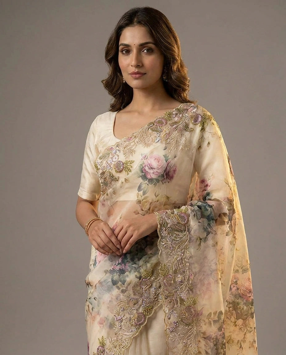 Georgette Saree with Hand-Applied Sequin Embroidery Work view 6