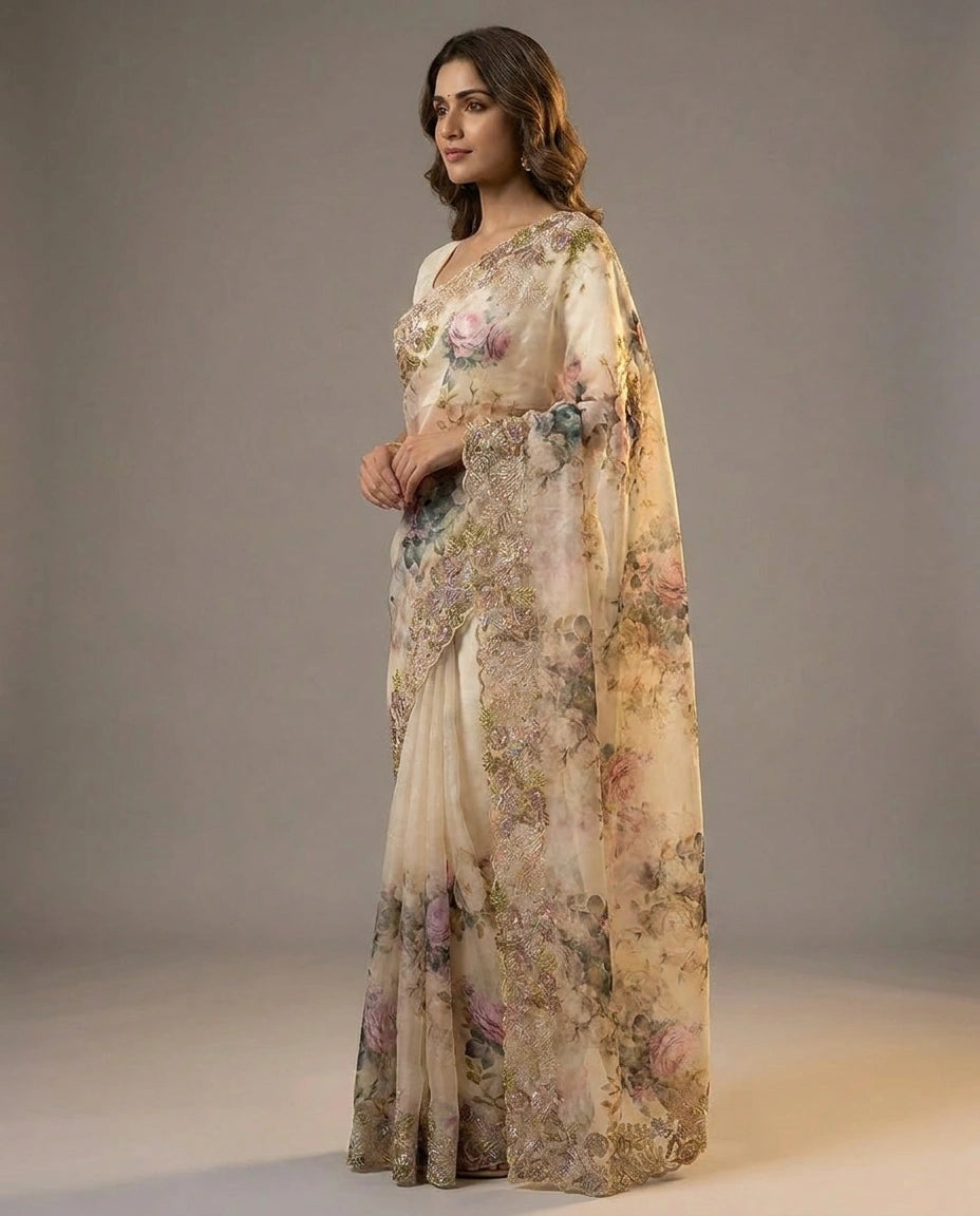 Georgette Saree with Hand-Applied Sequin Embroidery Work view 7