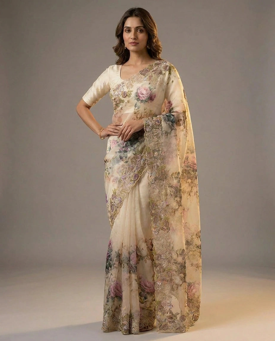 Georgette Saree with Hand-Applied Sequin Embroidery Work view 8